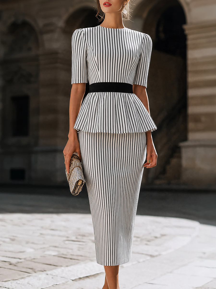 black and white striped peplum dress Embellished Stripes Sheath Peplum Long Dress 48591