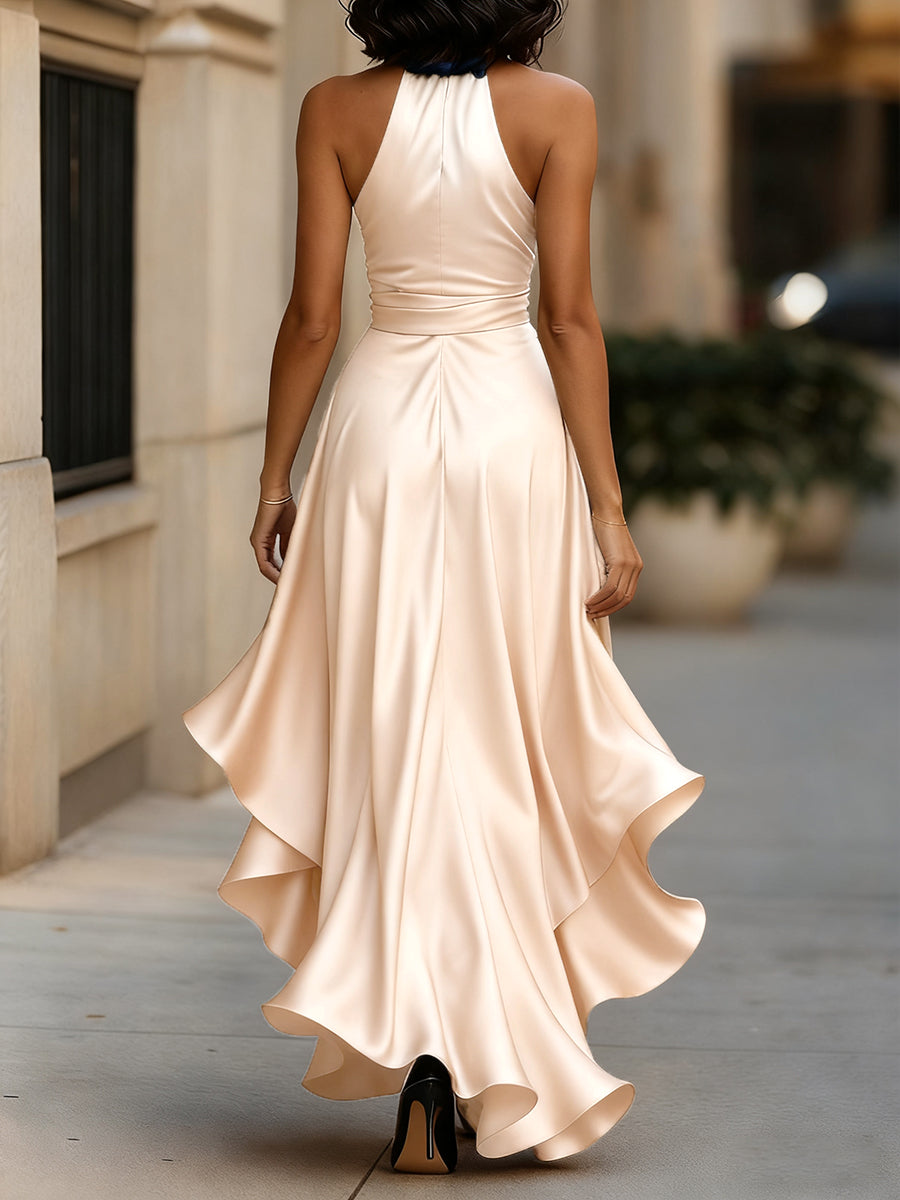 Violet &amp; Grace - Midnight Elegance Satin Halter Ruffle Gown