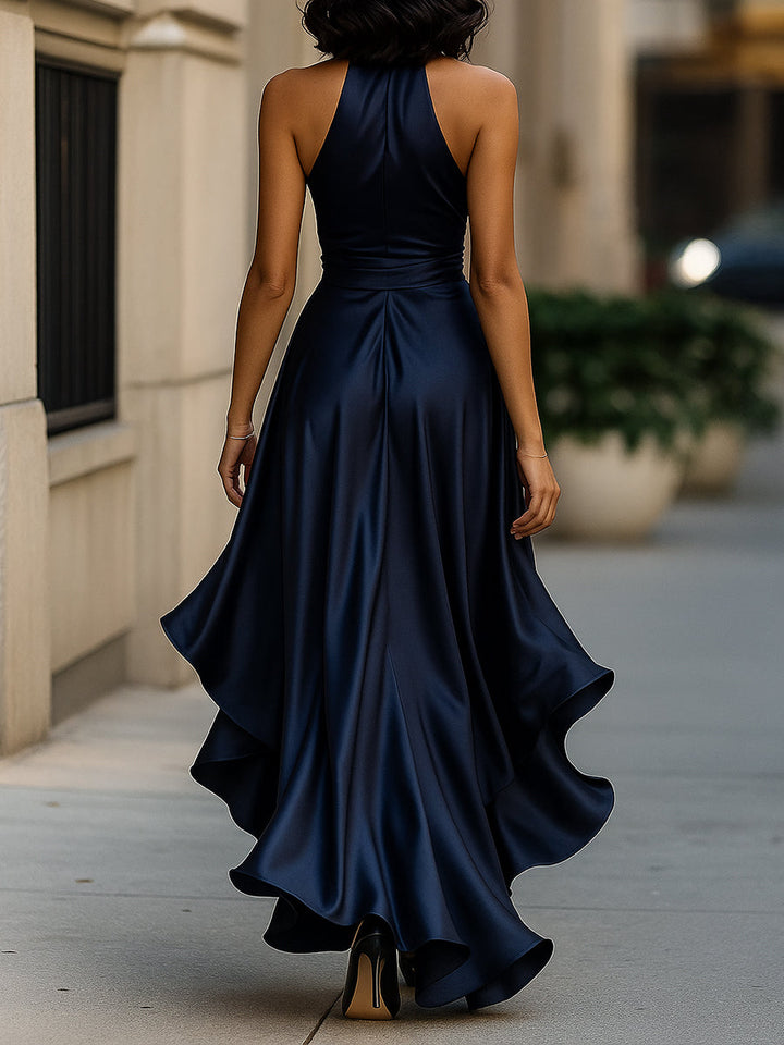Violet &amp; Grace - Midnight Elegance Satin Halter Ruffle Gown