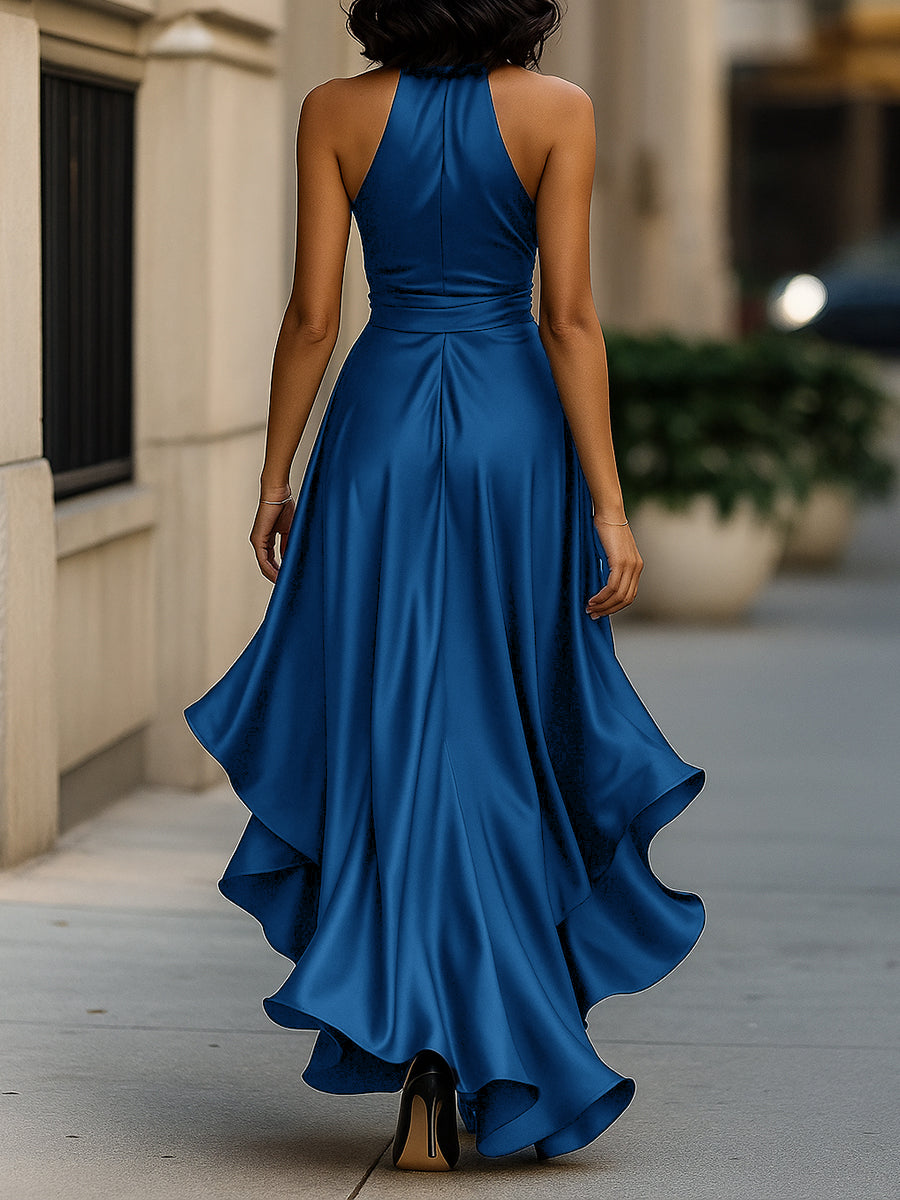 Violet &amp; Grace - Midnight Elegance Satin Halter Ruffle Gown