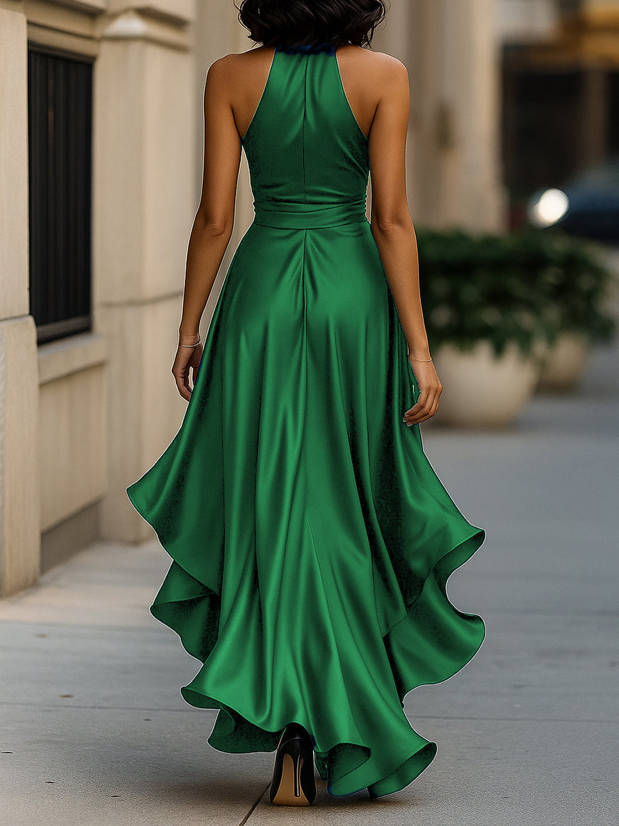 Violet &amp; Grace - Midnight Elegance Satin Halter Ruffle Gown