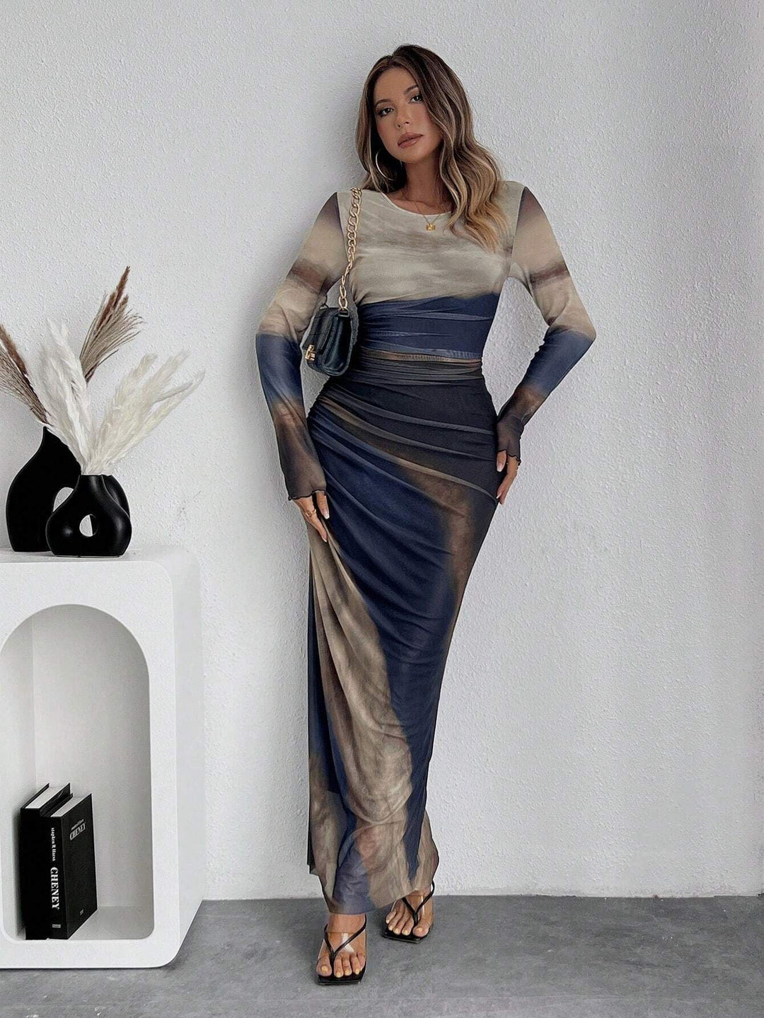 TORINA™ - Comfy Printed Long Sleeve Round Neck Bodycon Maxi Dress