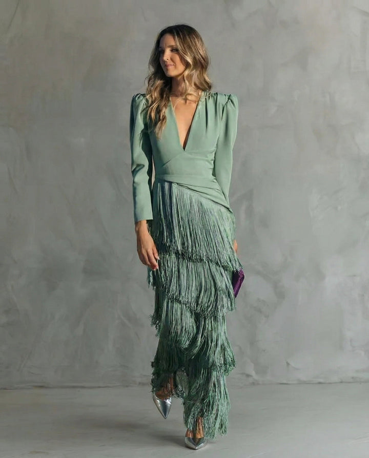 Violet &amp; Grace - Clara™ | Elegant midi dress with fringe sleeves
