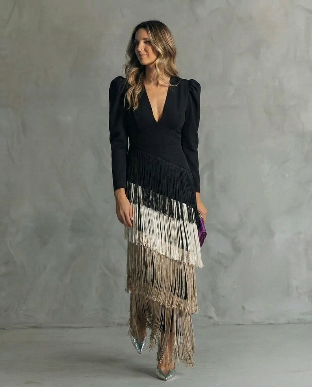 Violet &amp; Grace - Clara™ | Elegant midi dress with fringe sleeves