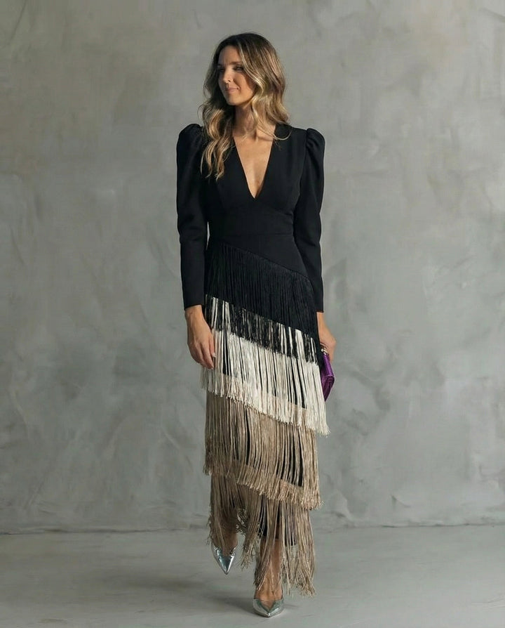 Violet &amp; Grace - Clara™ | Elegant midi dress with fringe sleeves